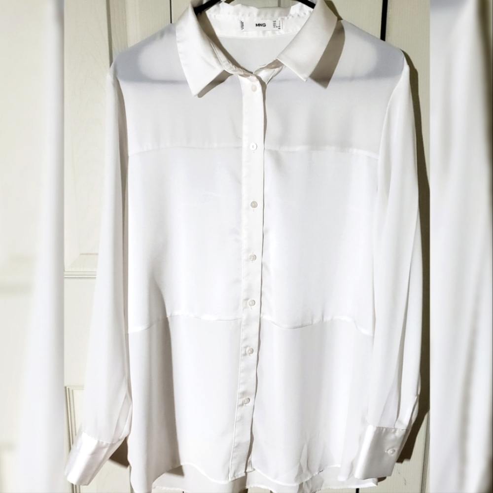Mango Chiffon Button Top in White with Satin Finishing